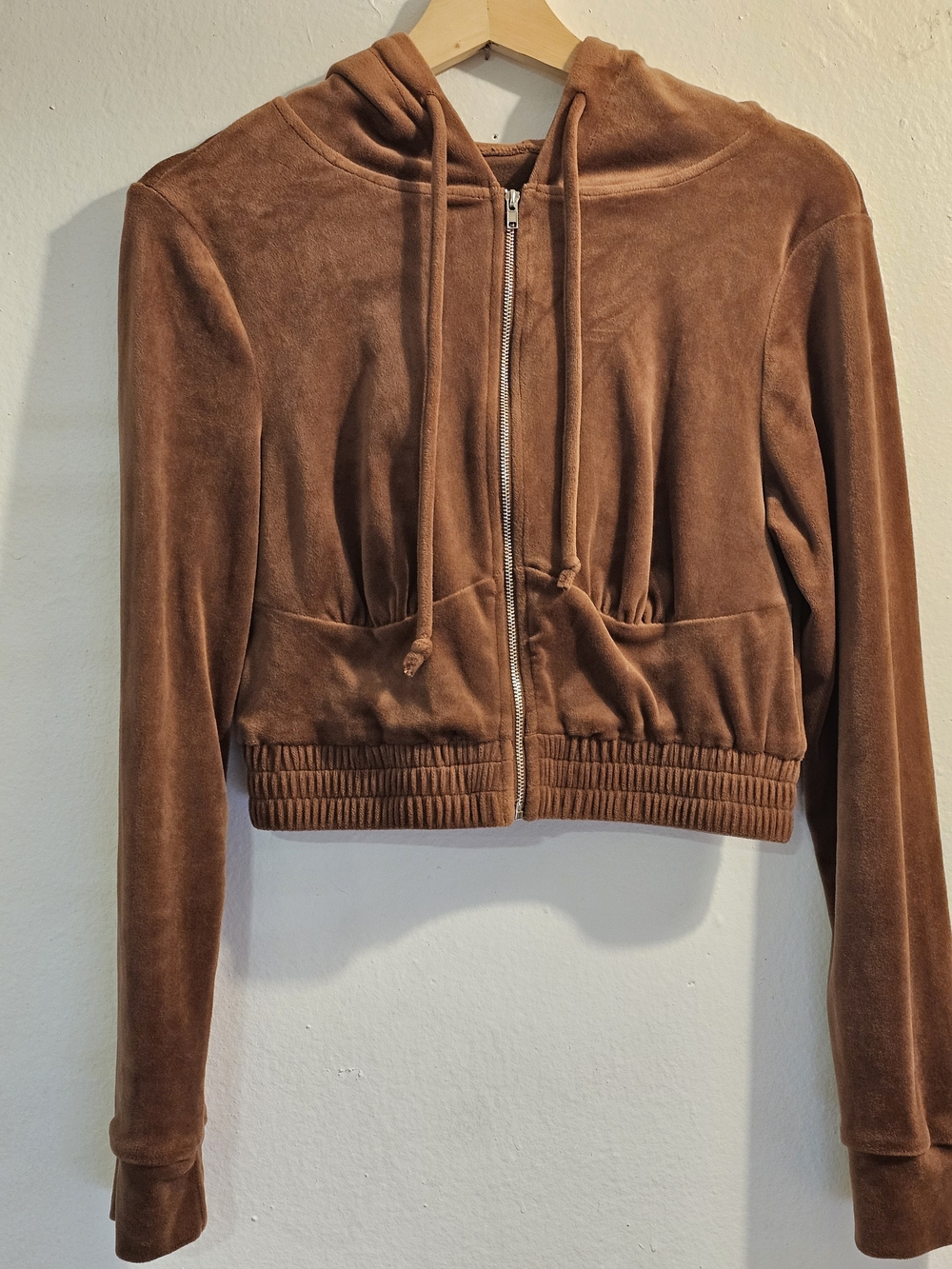 Women's Brown Velour Set, Zip-up Hoodie And Shorts
